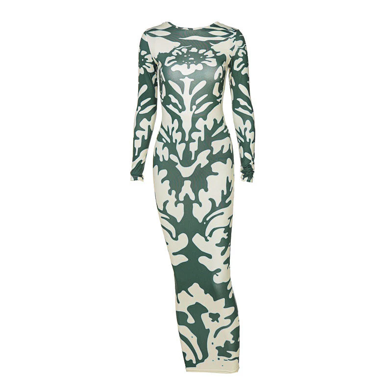 Trendy Long Sleeve Camo Print Backless Maxi Dress - Green - Image 2