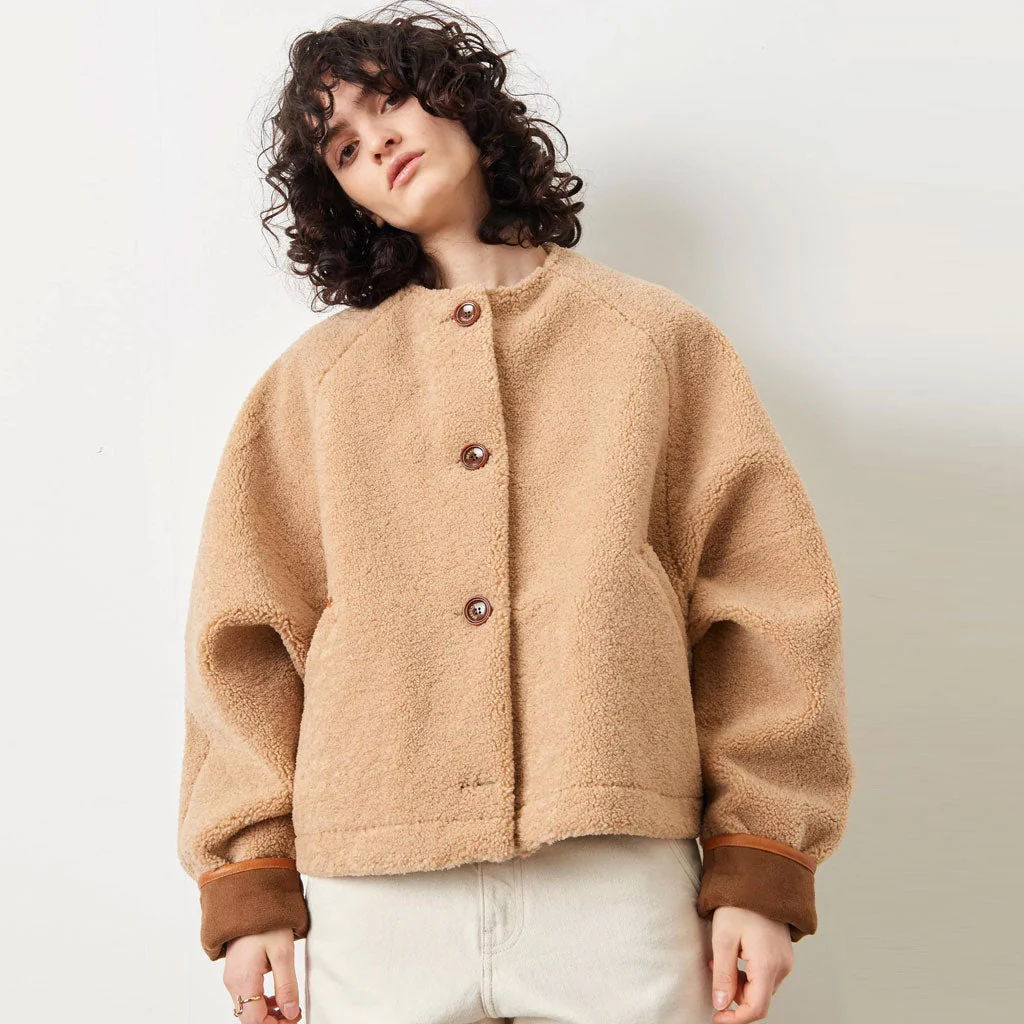 Trendy Long Sleeve Side Pocket Single Breasted Teddy Coat - Camel - Image 2