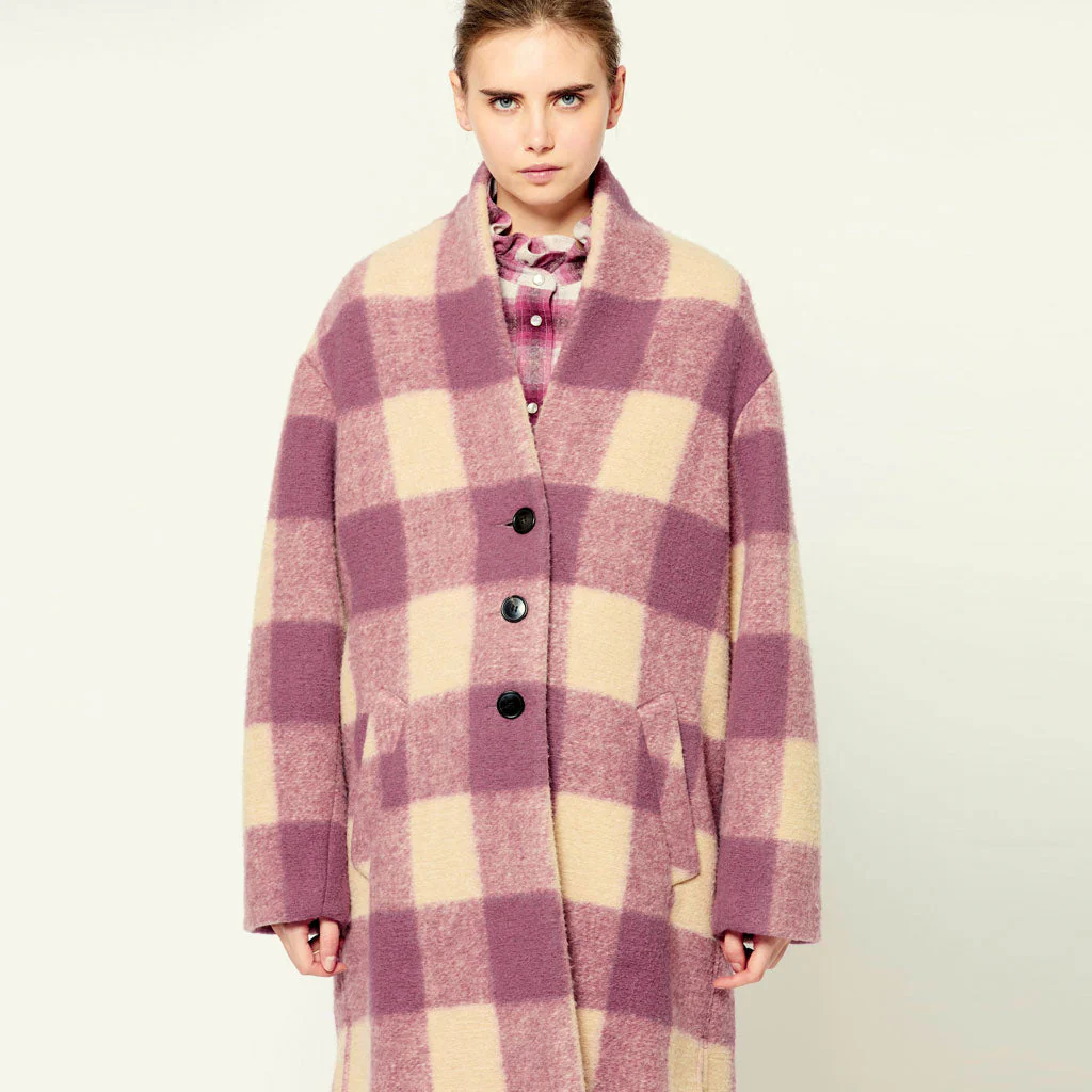 Trendy Long Sleeve Single Breasted Wool Blend Check Coat - Rose - Image 2