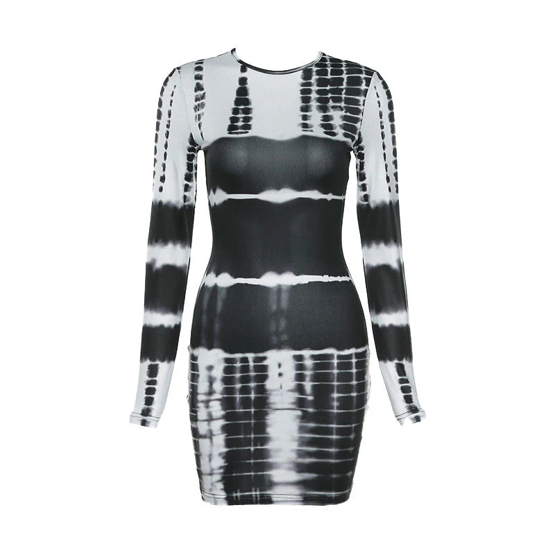 Trendy Mélange Tie Dye Bodycon Long Sleeve Mini Dress - Black - Image 3