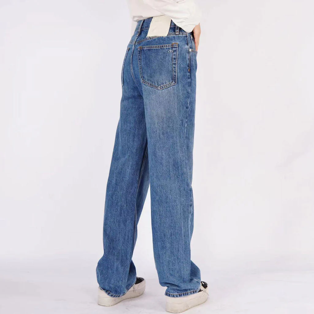 Trendy Mid Rise Fade Detail Straight Wide Leg Jeans - Mid Blue - Image 3