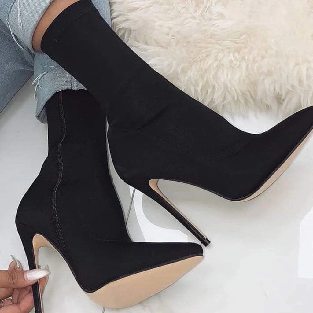 Trendy Pointed Toe Side Zip Stiletto Heeled Suede Boots - Black - Image 2