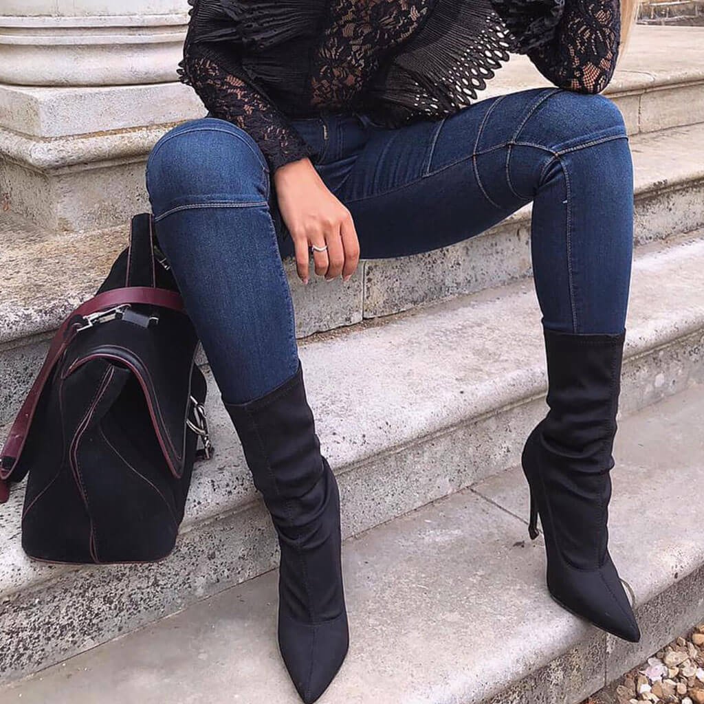 Trendy Pointed Toe Side Zip Stiletto Heeled Suede Boots - Black - Image 4
