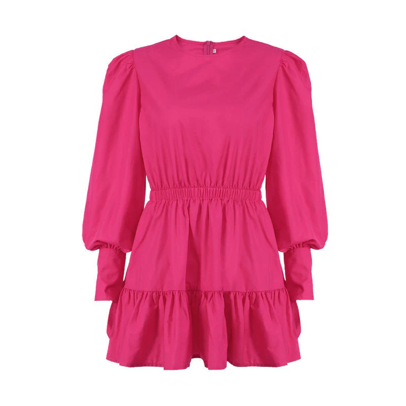 Trendy Puff Sleeve Gathered Waist Ruffle Smock Mini Dress - Hot Pink - Image 3
