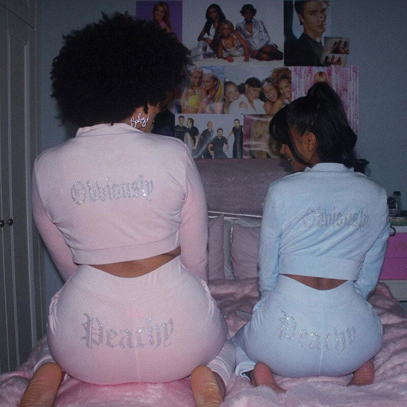 Trendy Rhinestone Velvet Crop Hoodie Pant Matching Set - Pink - Image 4