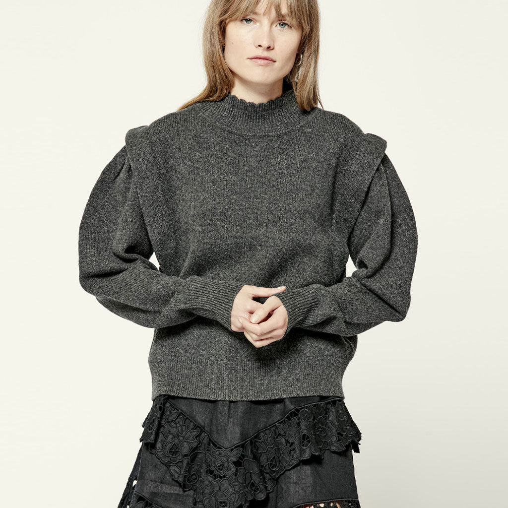 Trendy Rib Trim Bishop Sleeve High Neck Knit Pullover Sweater - Gray - Image 2