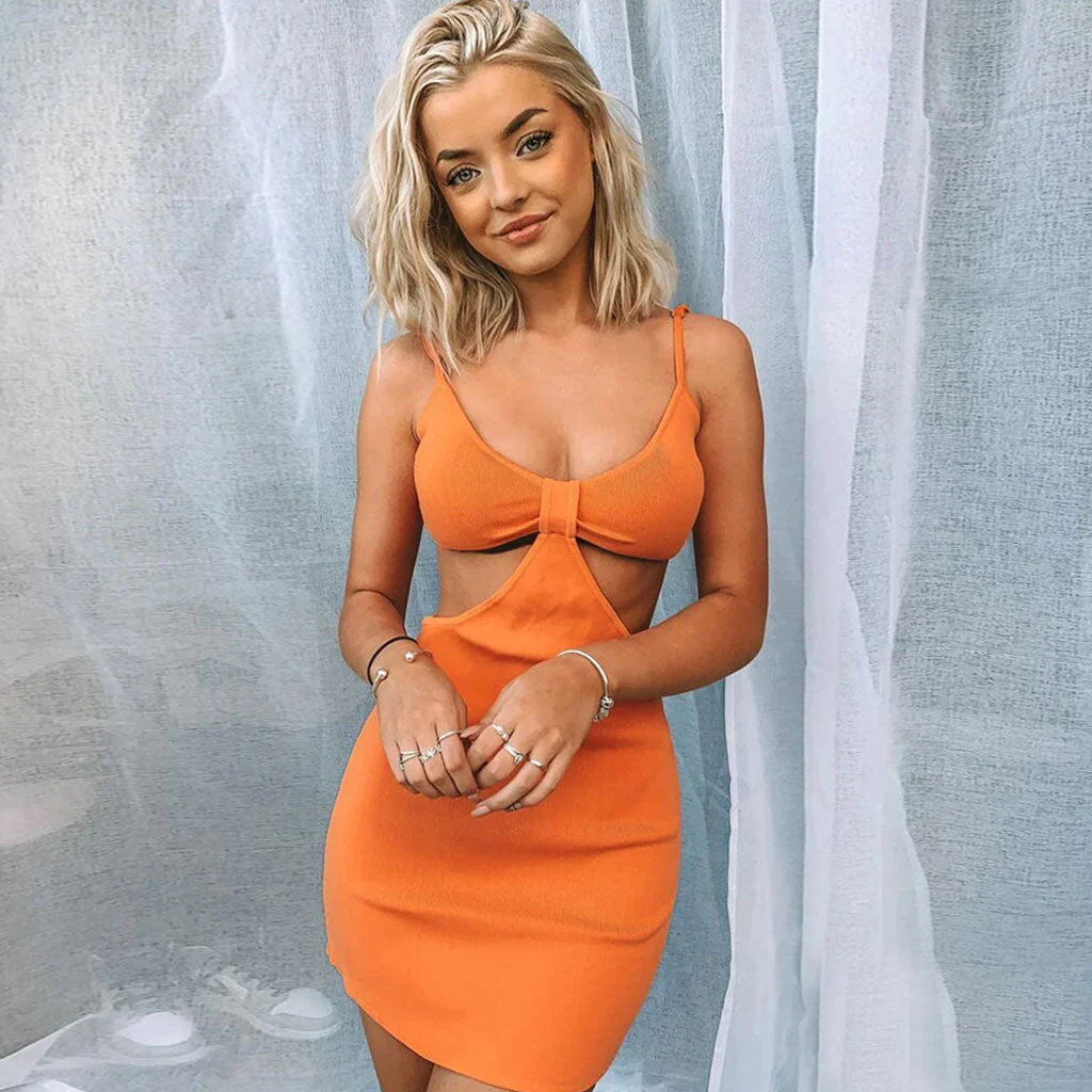 Trendy Ribbed Deep V Neck Cut Out Party Mini Dress - Burnt Orange - Image 2