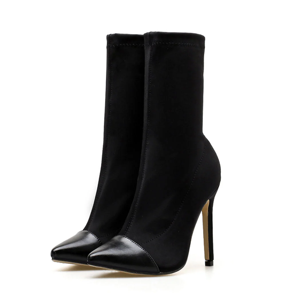 Trendy Solid Color Pointed Toe High Heeled Ankle Boots - Black - Image 2