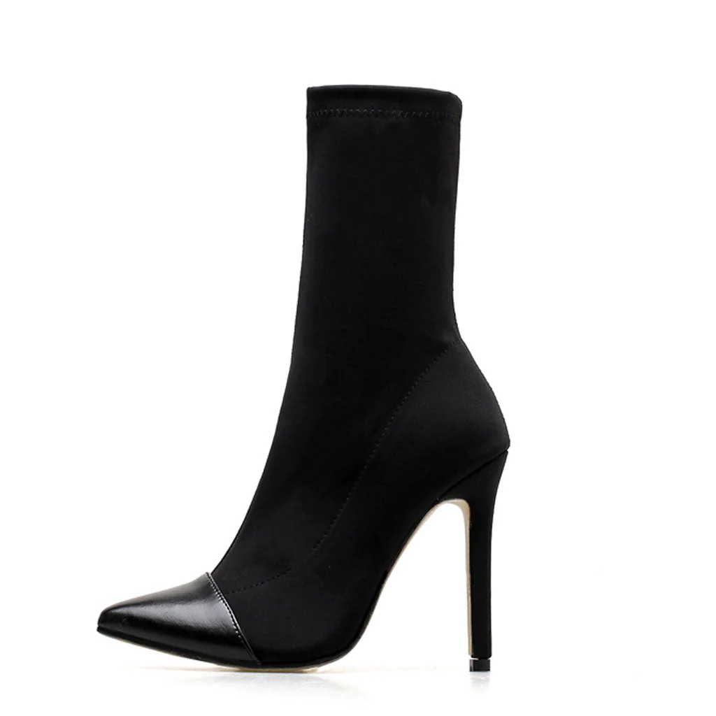 Trendy Solid Color Pointed Toe High Heeled Ankle Boots - Black - Image 3