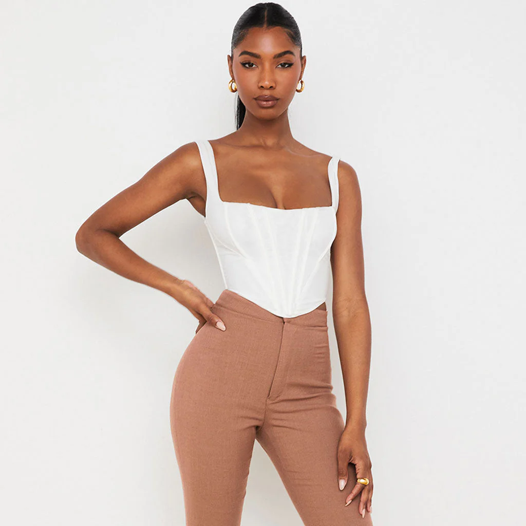 Trendy Suspender Strap Square Neck Crop Corset Top - White - Image 2