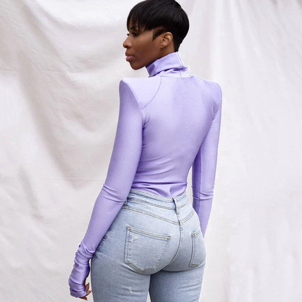 Trendy Turtleneck Long Sleeve Shoulder Pad Seamless Bodysuit - Purple - Image 2