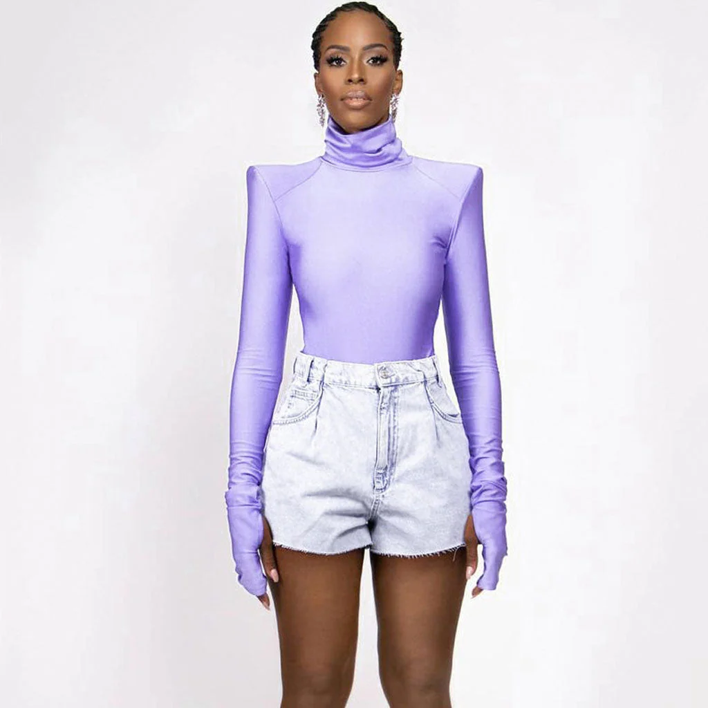 Trendy Turtleneck Long Sleeve Shoulder Pad Seamless Bodysuit - Purple - Image 3