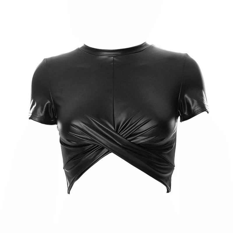 Trendy Twist Front Crew Neck Short Sleeve Faux Leather Crop Top - Black - Image 4