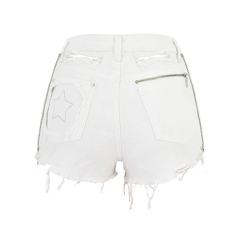 Trendy Zip Trim High Waist Distressed Denim Shorts - White - Image 4
