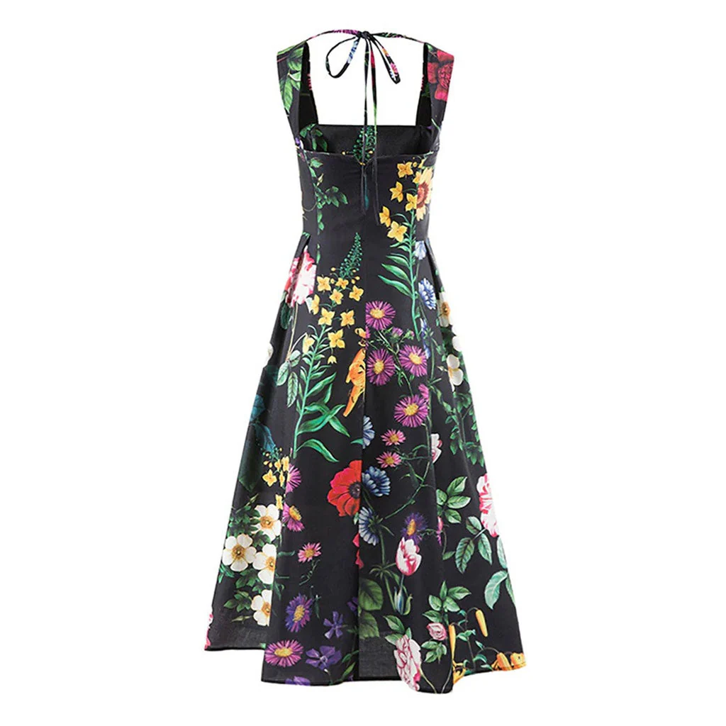 Tropical Crystal Studded Floral Print Tie Back Square Neck Fit and Flare Midi SunDress - Image 2