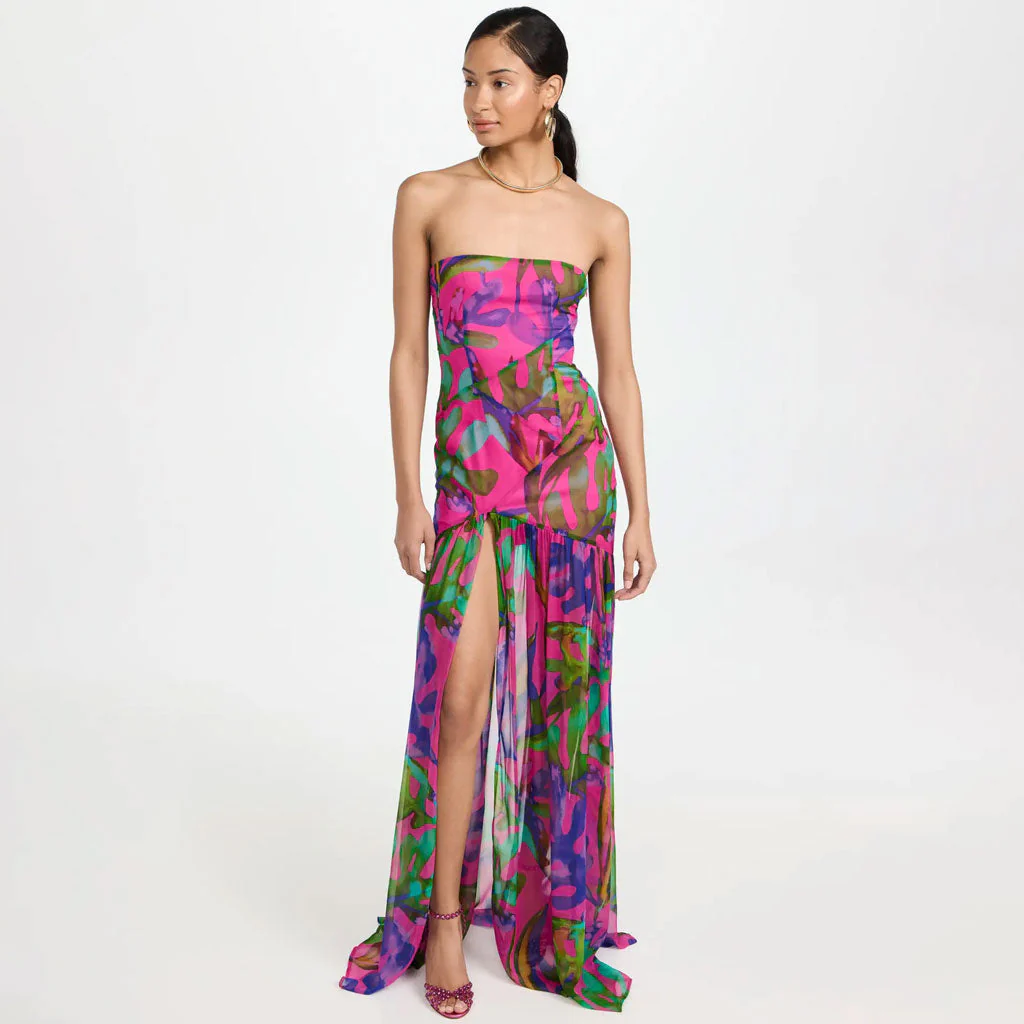 Tropical Leaf Print Drop Waist Split Thigh Sheer Ruffle Strapless Maxi Evening Dress - Image 2