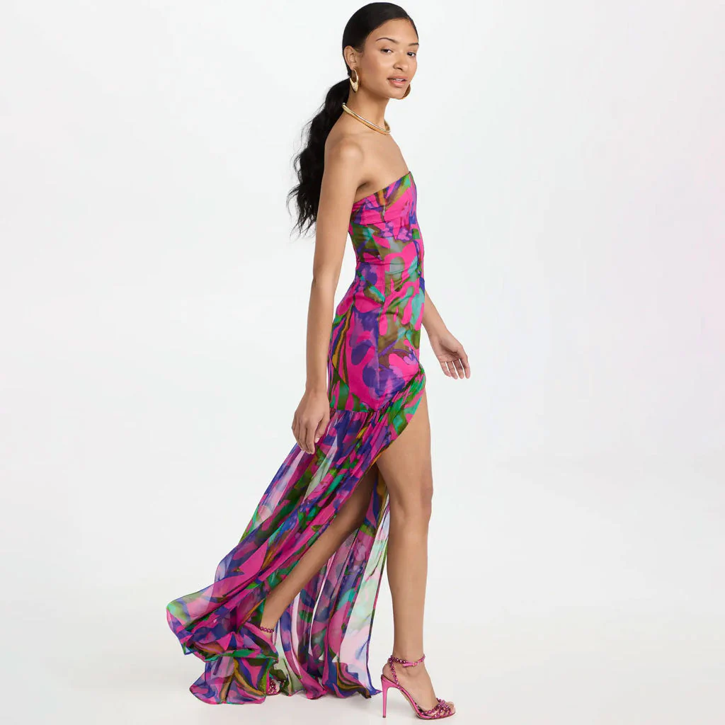 Tropical Leaf Print Drop Waist Split Thigh Sheer Ruffle Strapless Maxi Evening Dress - Image 3