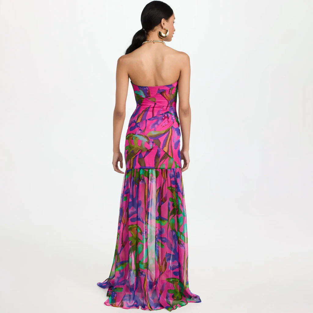 Tropical Leaf Print Drop Waist Split Thigh Sheer Ruffle Strapless Maxi Evening Dress - Image 4