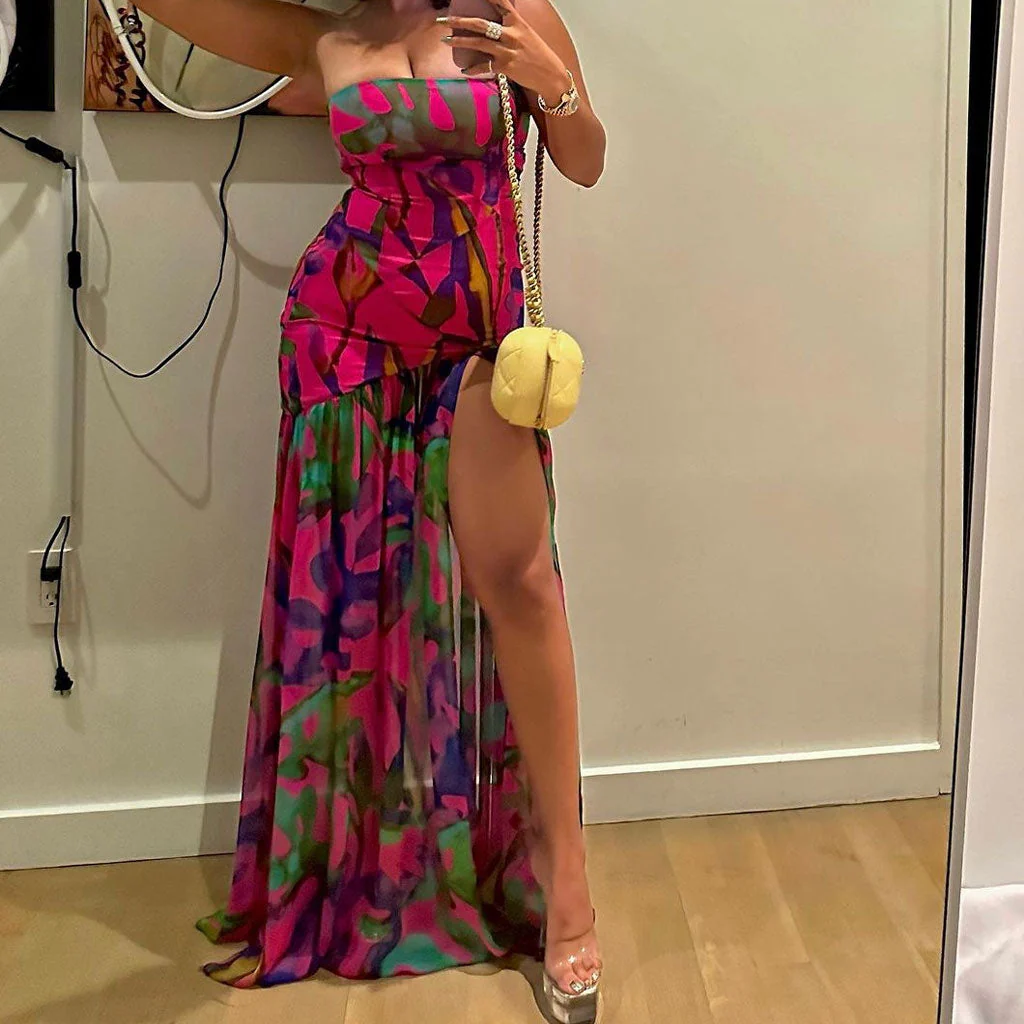 Tropical Leaf Print Drop Waist Split Thigh Sheer Ruffle Strapless Maxi Evening Dress - Image 5