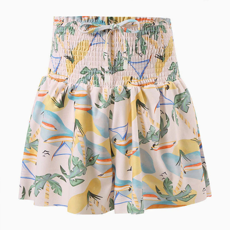 Tropical Leaf Ruffle High Waist Drawstring Bow Tie Smocked Mini Skort Cover Up - Image 3