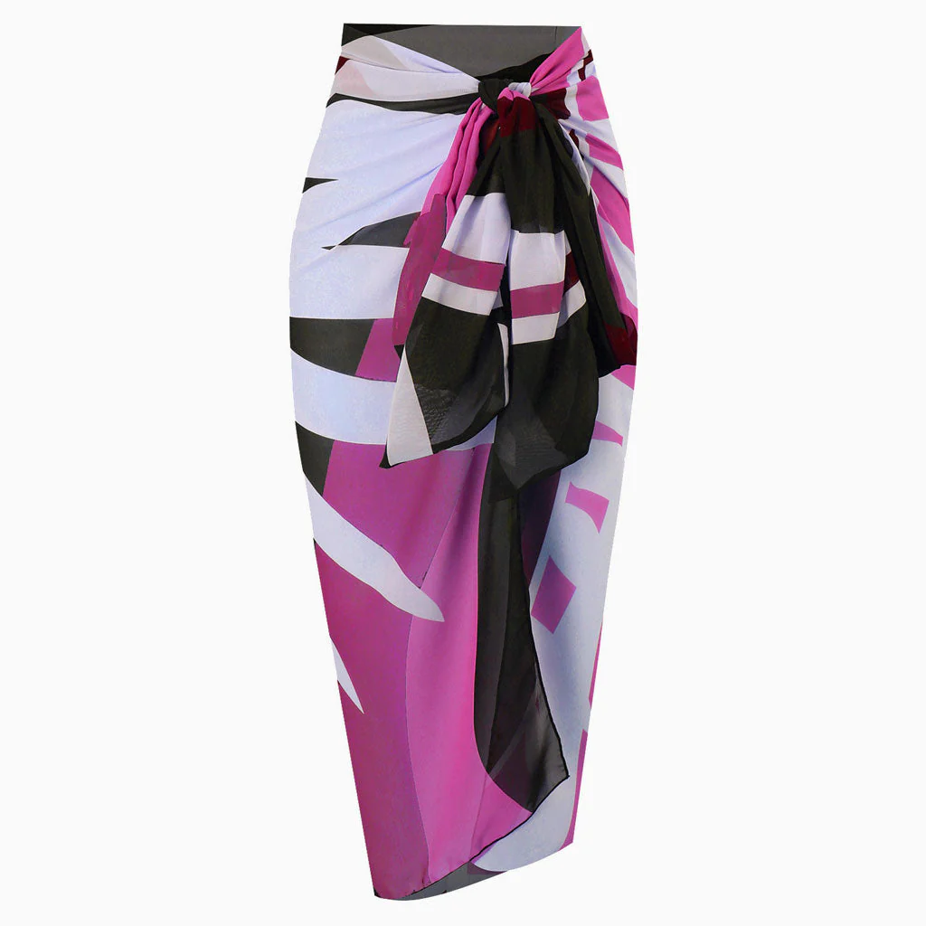 Tropical Print High Waist Chiffon Bow Tie Side Maxi Wrap Sarong Cover Up - Image 4