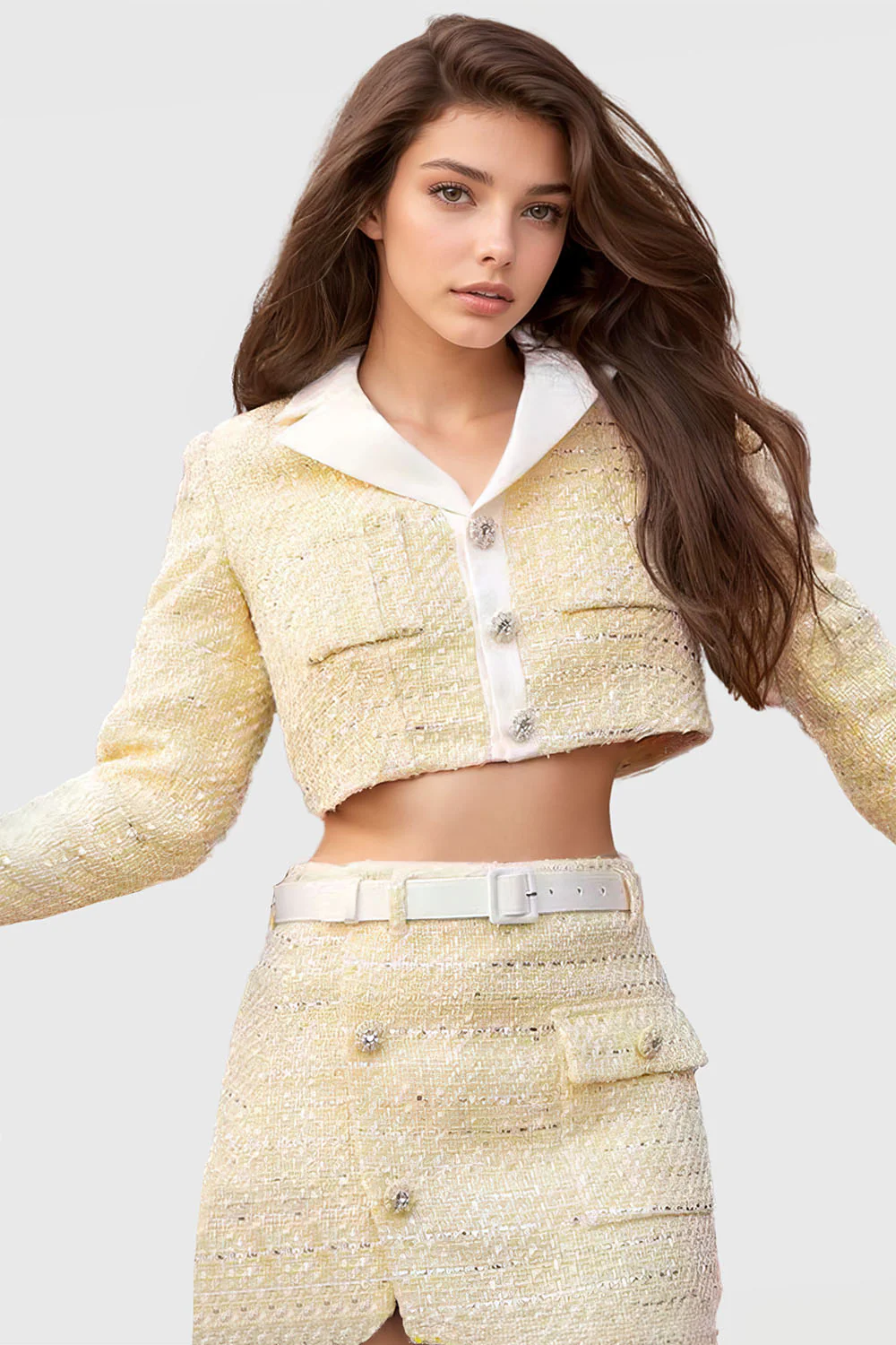 Tweed 2-Piece Set with Precious Buttons - Light YelLow - Image 2