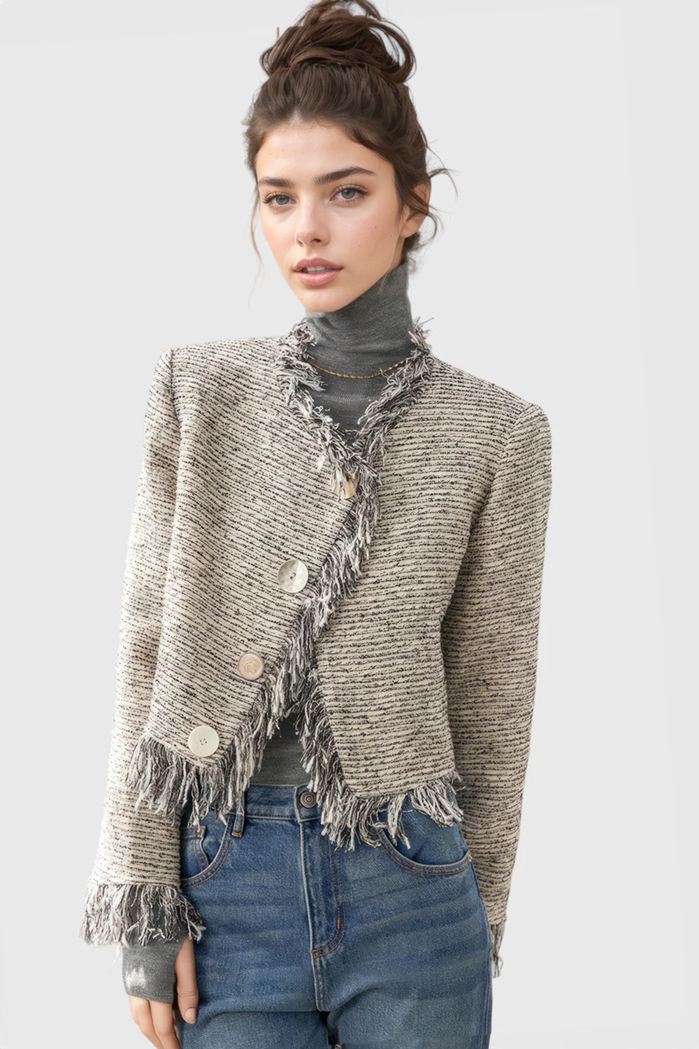 Tweed Jacket with Fringe - Beige - Image 2