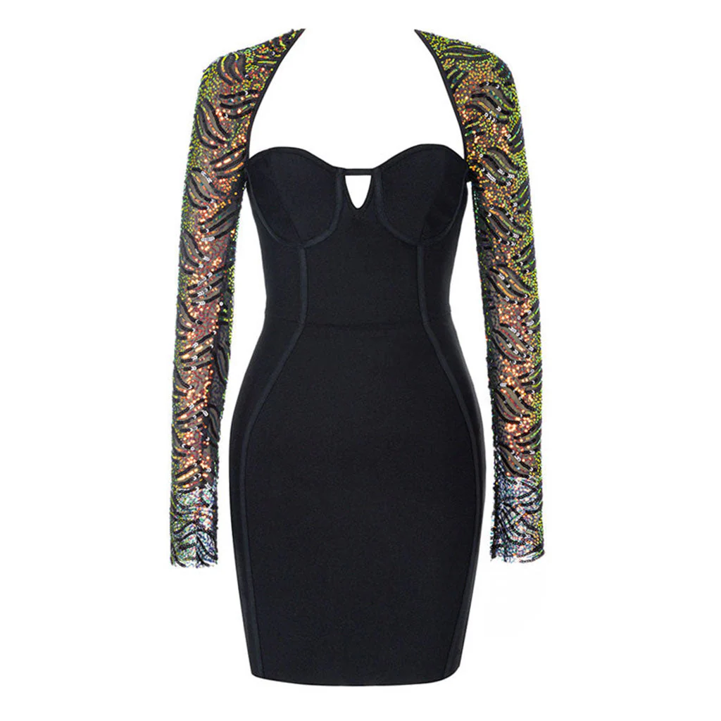 Twinkle Sequined Mesh Sleeve Sweetheart Tie Back Bodycon Bandage Mini Dress - Image 3