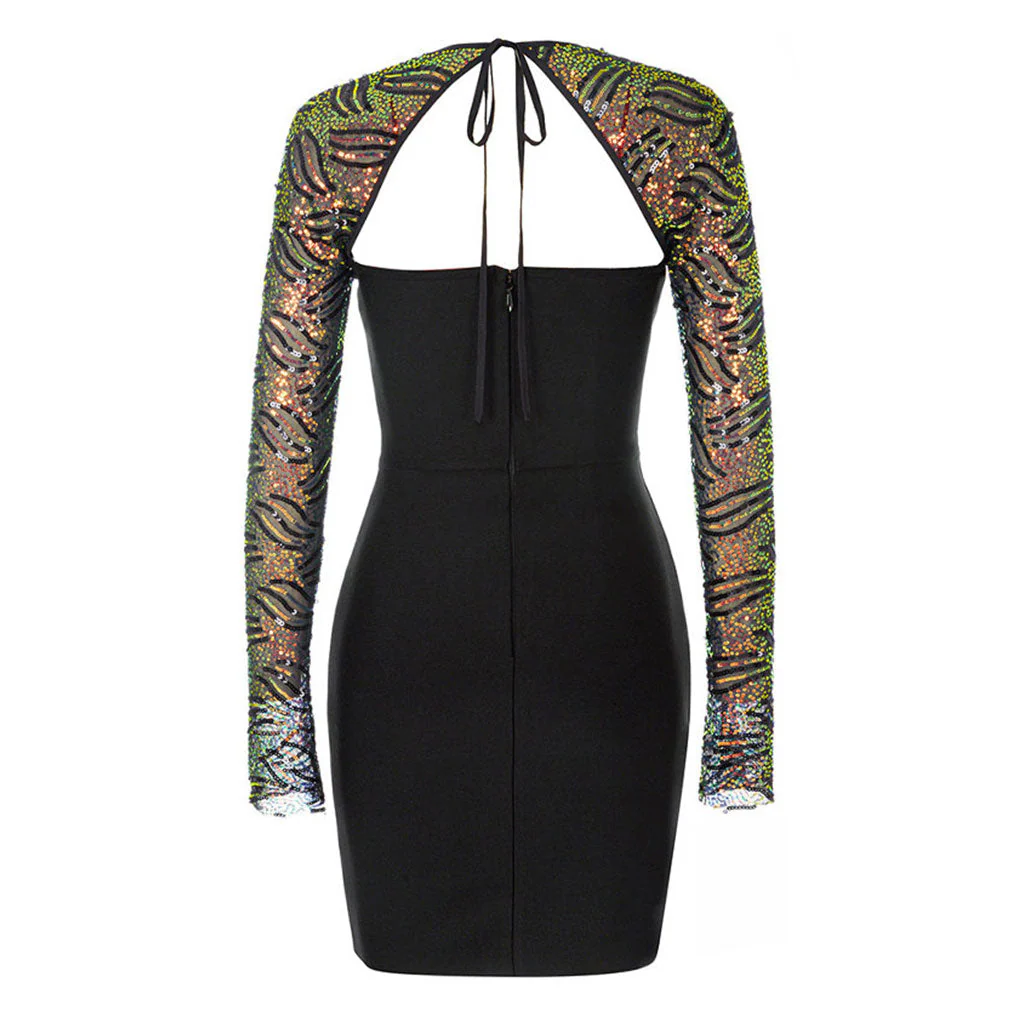 Twinkle Sequined Mesh Sleeve Sweetheart Tie Back Bodycon Bandage Mini Dress - Image 4