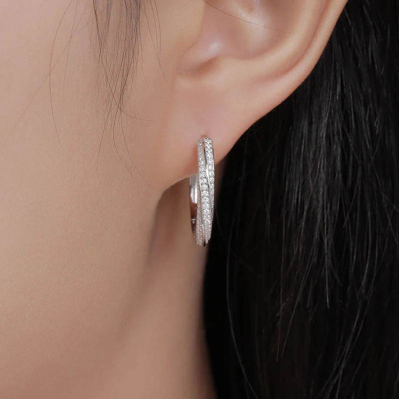 Twisted Pave Sterling Silver Round Cut Moissanite Hinge Hoop Earrings - Image 6