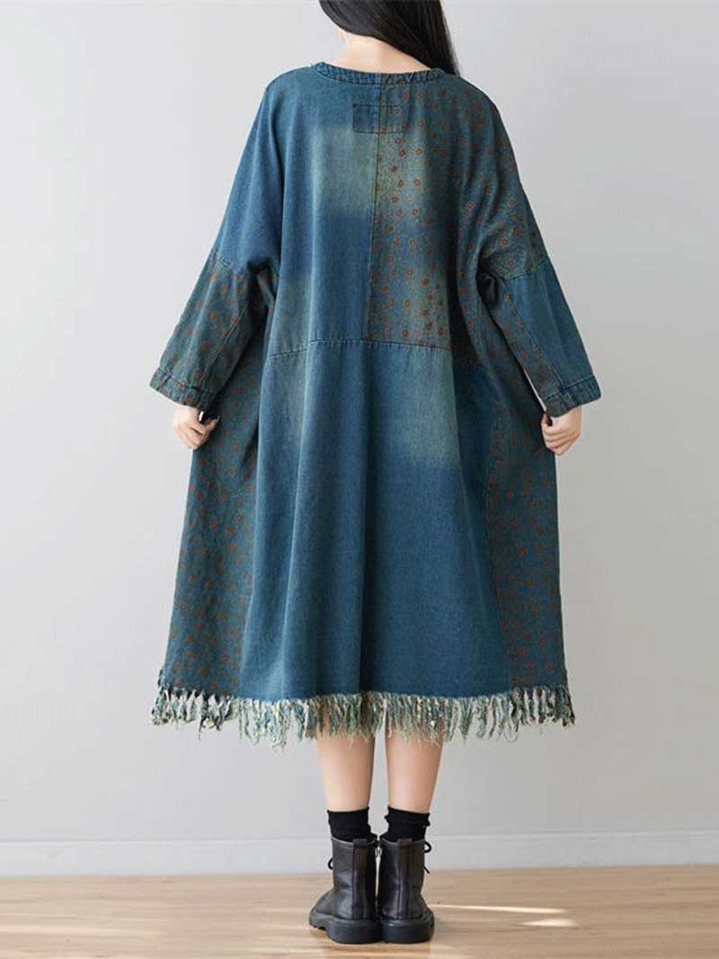Two in love Denim Patch-Work Style Double Side Pockets Midi Dress - Image 3