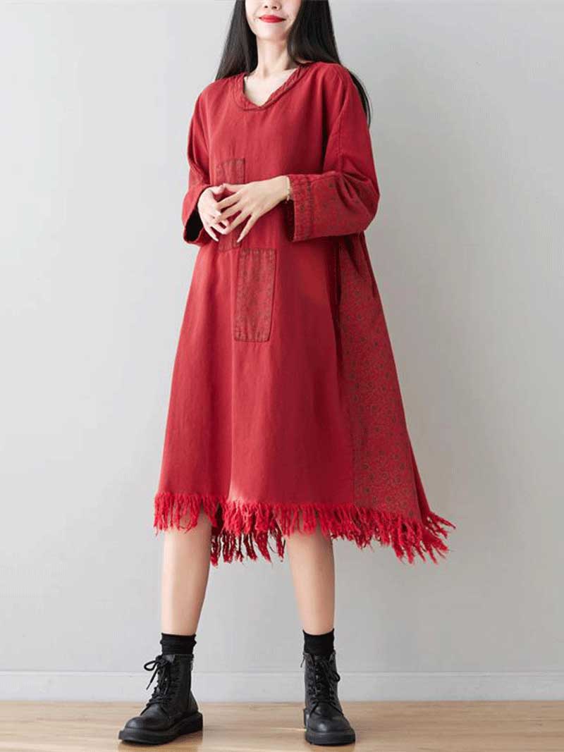 Two in love Denim Patch-Work Style Double Side Pockets Midi Dress - Image 4