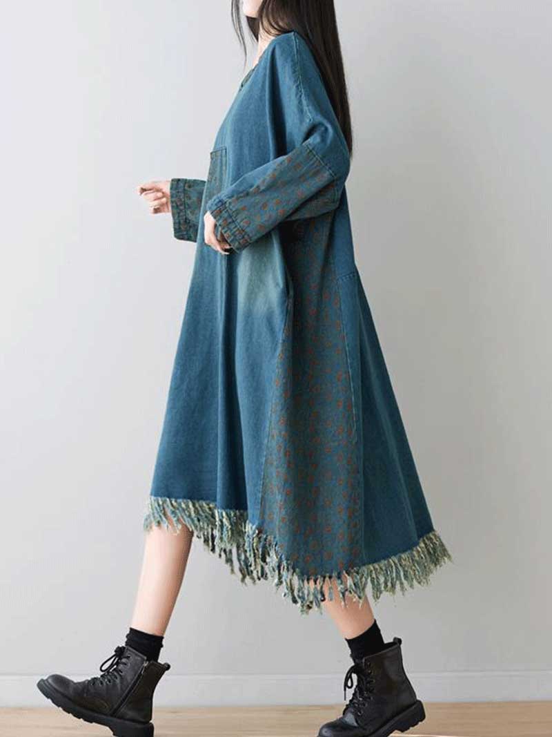 Two in love Denim Patch-Work Style Double Side Pockets Midi Dress - Image 5