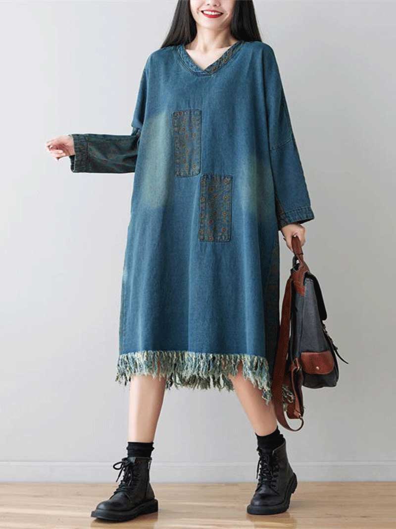 Two in love Denim Patch-Work Style Double Side Pockets Midi Dress - Image 7