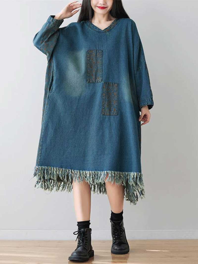 Two in love Denim Patch-Work Style Double Side Pockets Midi Dress - Image 8