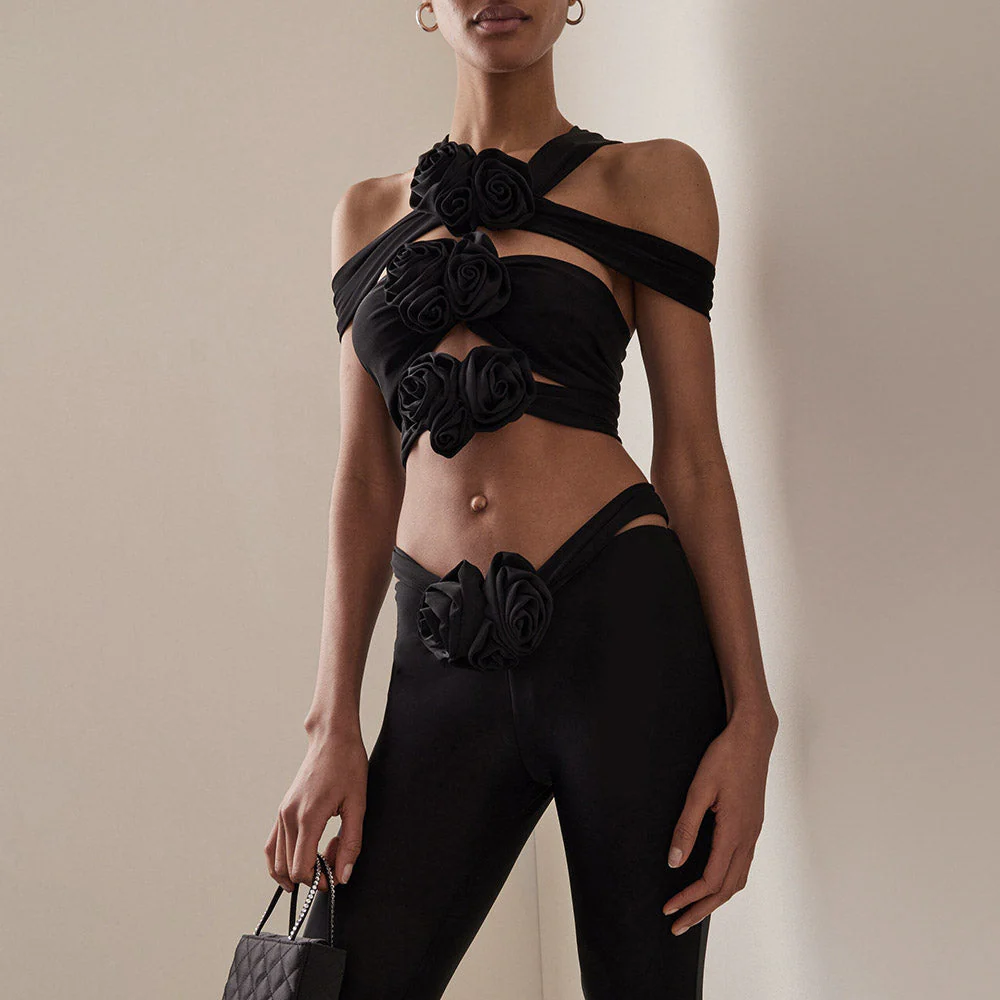 HANAE Black CUT Out TOP and FLARED PANTS with ROSE BOWS SET - Image 2