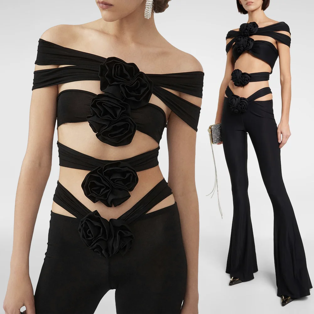 HANAE Black CUT Out TOP and FLARED PANTS with ROSE BOWS SET - Image 4