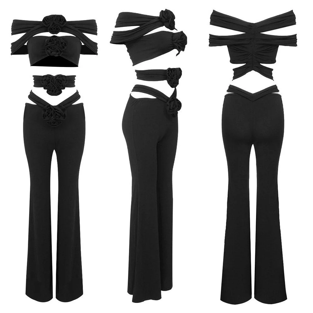 HANAE Black CUT Out TOP and FLARED PANTS with ROSE BOWS SET - Image 5