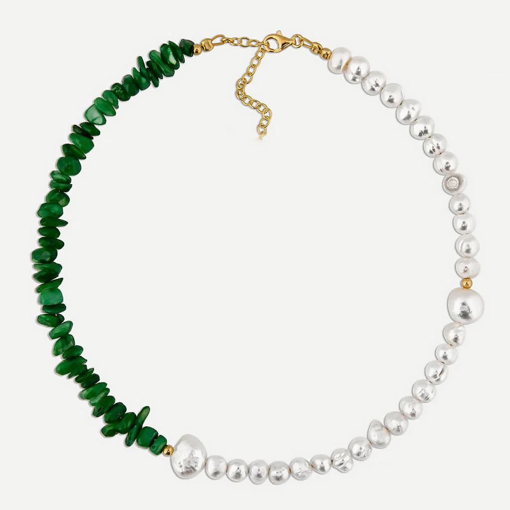 Two Tone 18K Gold Plated Natural Stone Baroque Pearl Beaded Choker NeckLace - Image 2