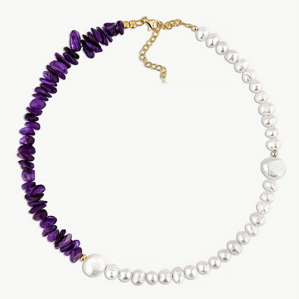 Two Tone 18K Gold Plated Natural Stone Baroque Pearl Beaded Choker NeckLace - Image 4