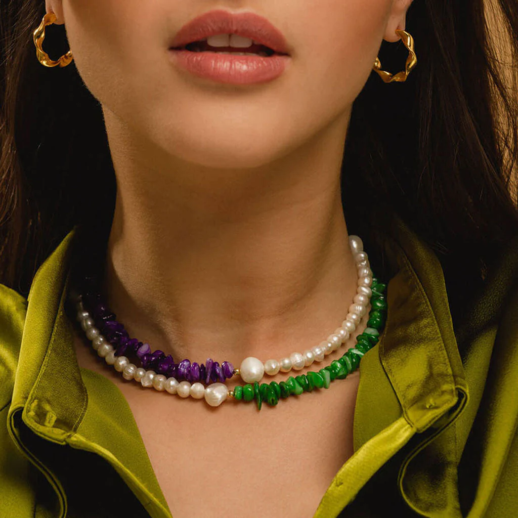 Two Tone 18K Gold Plated Natural Stone Baroque Pearl Beaded Choker NeckLace - Image 6