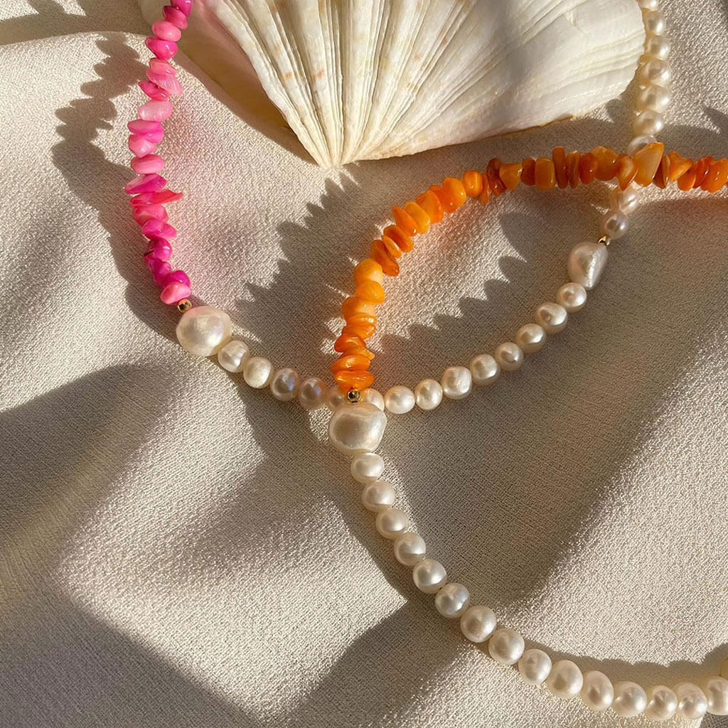 Two Tone 18K Gold Plated Natural Stone Baroque Pearl Beaded Choker NeckLace - Image 9