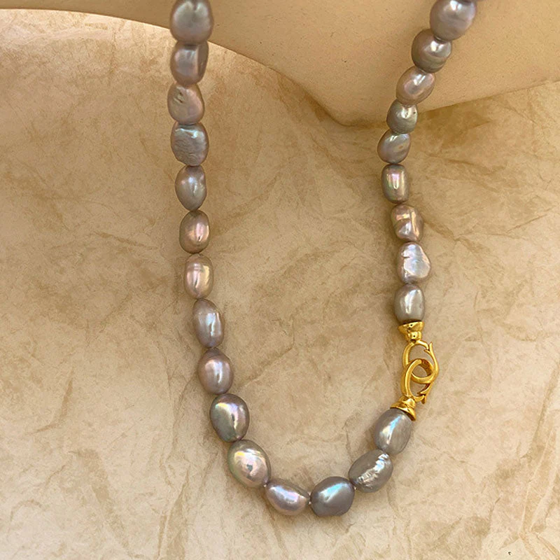 Two Tone Double Clasp Gray Baroque Freshwater Pearl Choker NeckLace - Image 3
