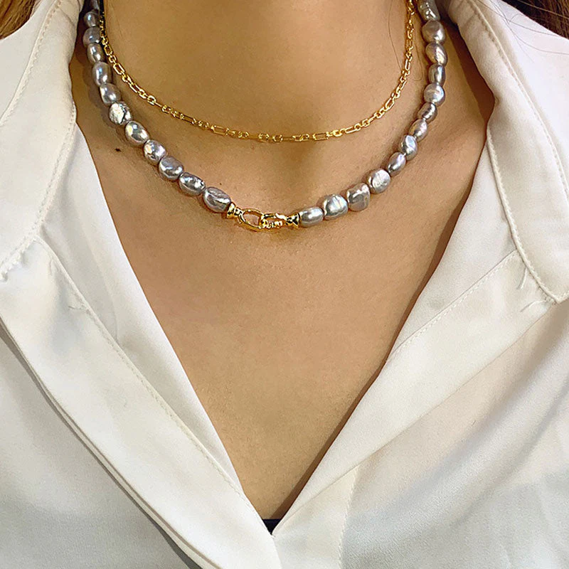 Two Tone Double Clasp Gray Baroque Freshwater Pearl Choker NeckLace - Image 6