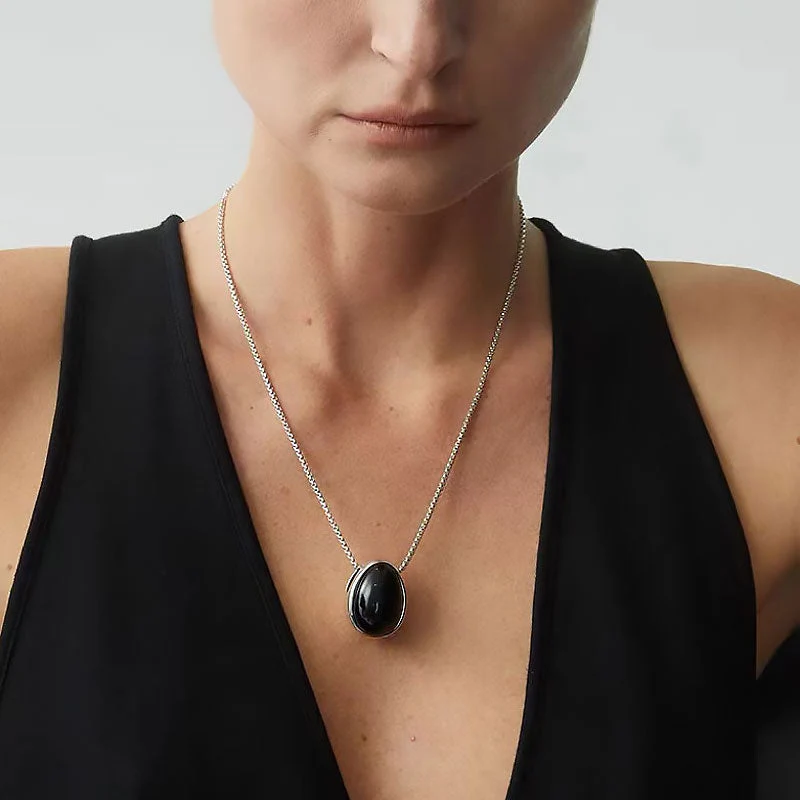 Two Tone Onyx Pebble Pendant Sterling Silver Plated Box Chain NeckLace - Image 3