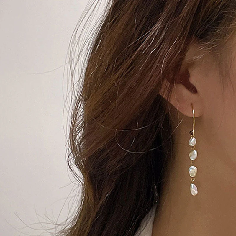 Two Tone Sterling Silver Plated Baroque Pearl C Hoop Linear Drop Earrings - Image 3