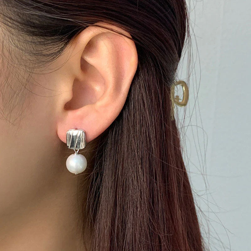 Two Tone Sterling Silver Plated Square Block Baroque Pearl Drop Earrings - Image 5
