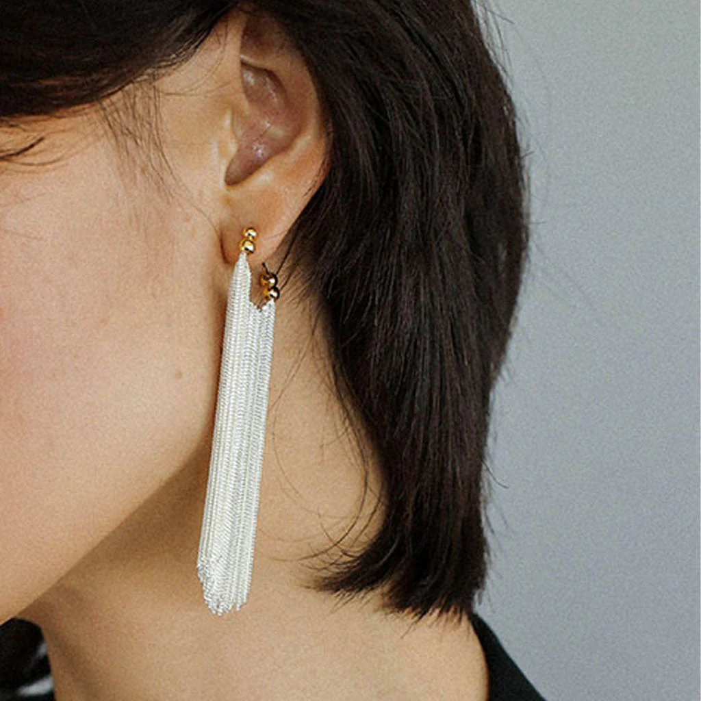 Two Tone Waterfall 18K Gold Plated Sterling Silver Long Fringe Earrings - Image 2