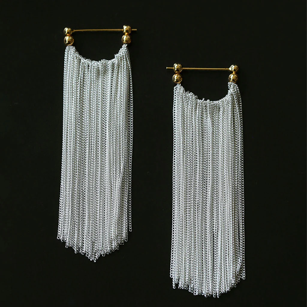 Two Tone Waterfall 18K Gold Plated Sterling Silver Long Fringe Earrings - Image 3