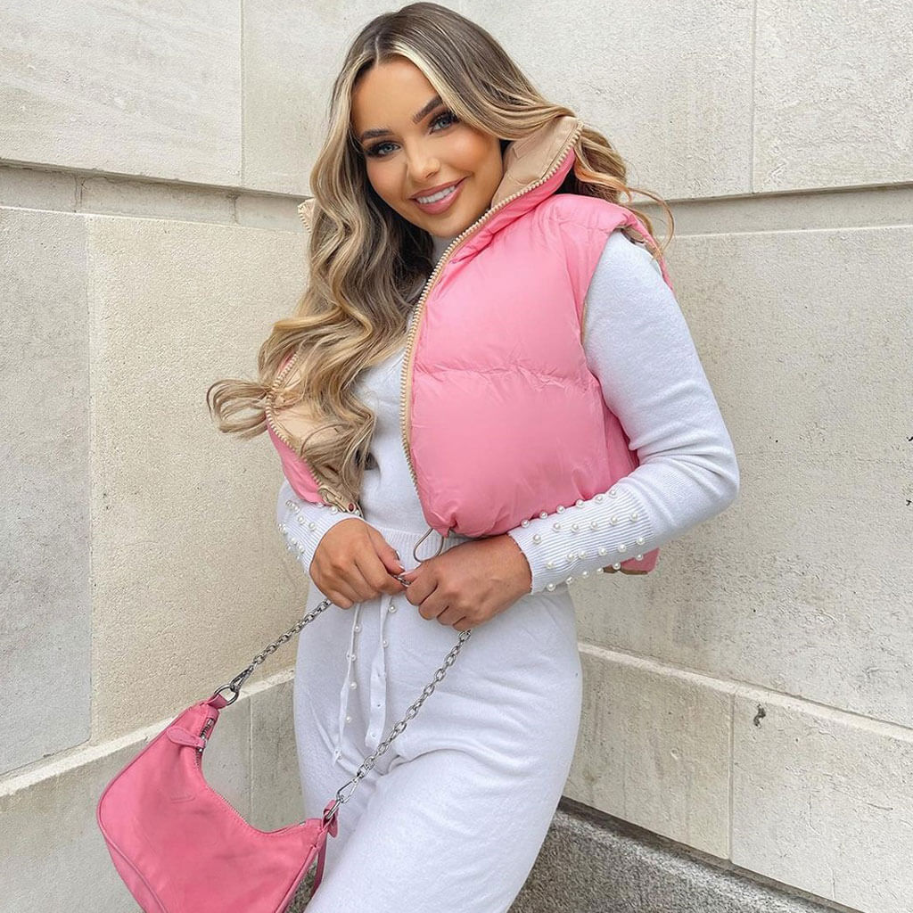 Two-Way High Neck Drawstring Edge Cropped Quilted Vest - Pink - Image 2